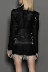 Sparkly Belted Fringe Trim Long Sleeve Blazer Mini Dress - Black