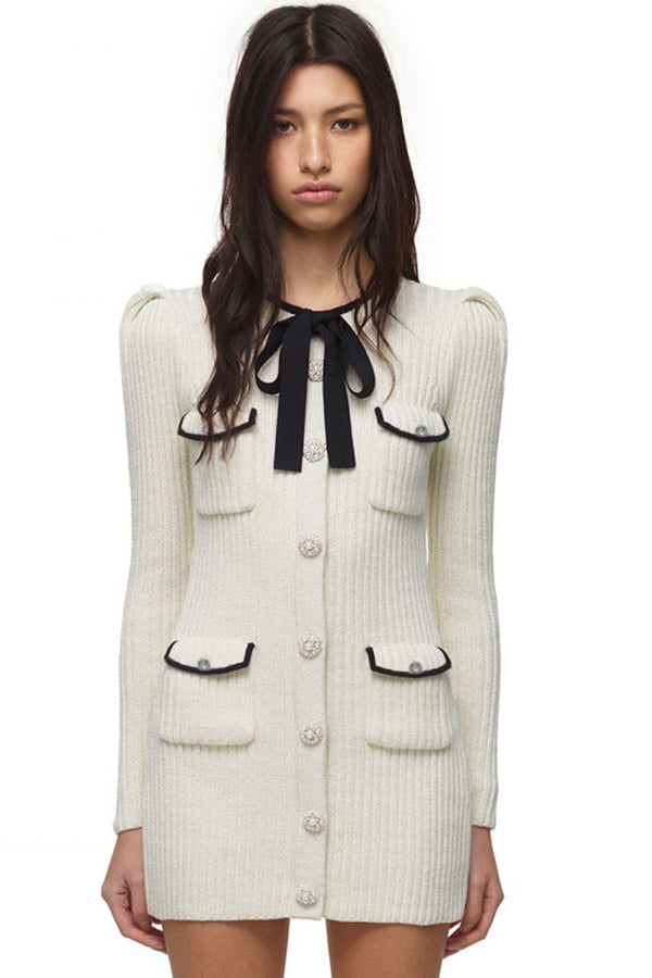 Sparkly Button Long Sleeve Winter Lurex Sweater Mini Dress - White
