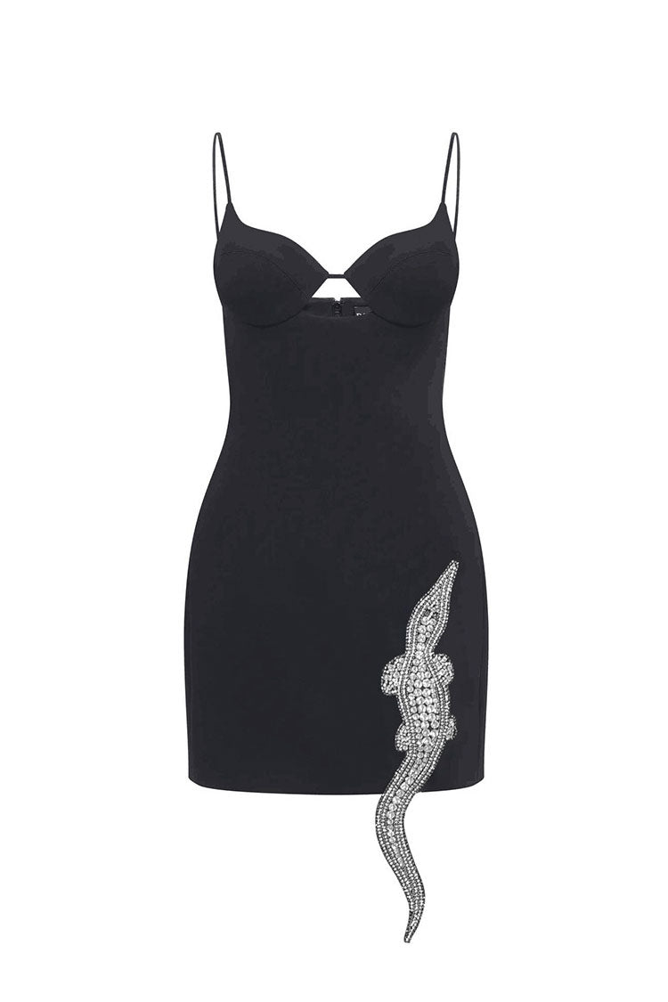 Sparkly Crocodile Embellished Bustier Bandage Mini Dress - Black