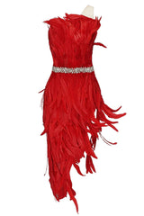 Sparkly Crystal One Shoulder High Slit Feather Midi Dress - Red