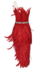 Sparkly Crystal One Shoulder High Slit Feather Midi Dress - Red