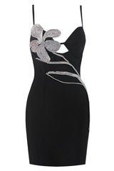 Sparkly Crystal Petal Embellished Bandage Slip Mini Dress - Black