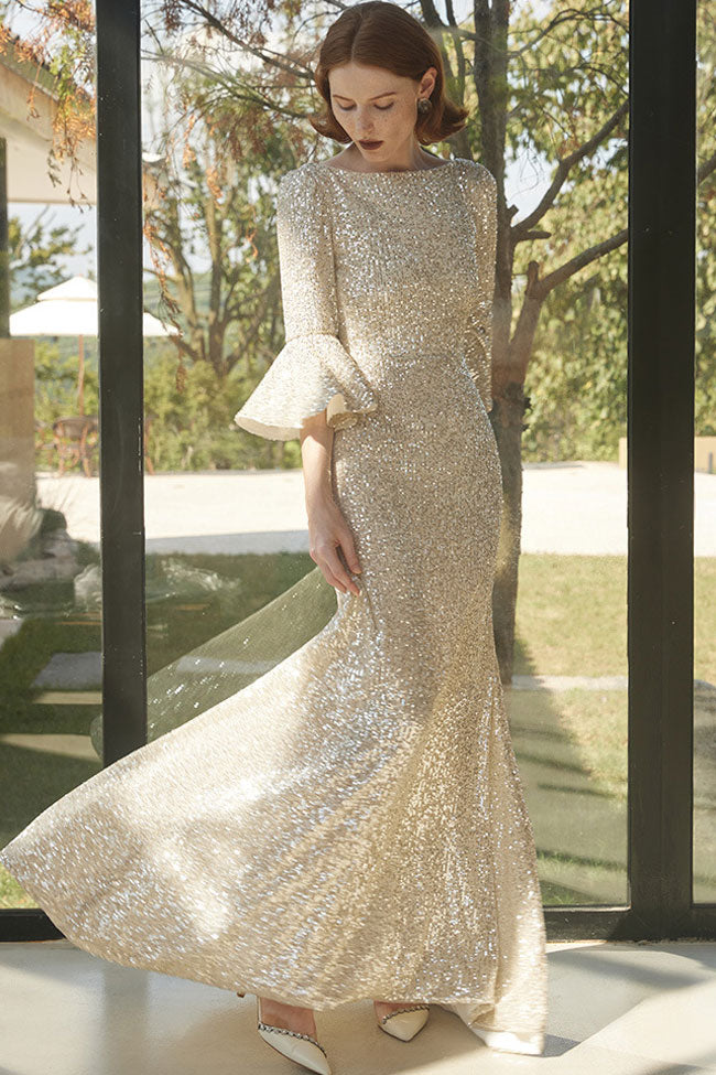 Sparkly Deep V Back Bell Sleeve Fishtail Sequin Formal Maxi Dress - Champagne