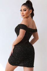 Sparkly Deep V Off The Shoulder Ruched Bodycon Party Mini Dress - Black
