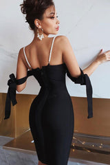 Sparkly Embellished Sweetheart Bandage Cocktail Midi Dress - Black