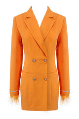 Sparkly Feather Trim Long Sleeve Cutout Back Blazer Mini Dress - Orange