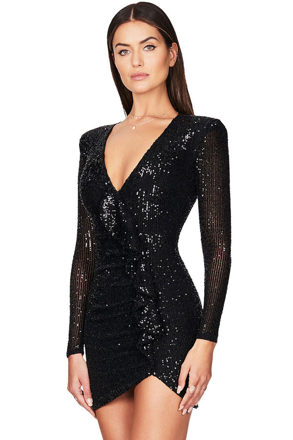 Sparkly Galaxy Long Sleeve Ruffle Deep V Sequin Mini Dress - Black