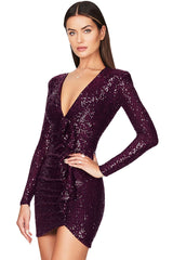 Sparkly Galaxy Long Sleeve Ruffle Deep V Sequin Mini Dress - Burgundy