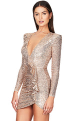 Sparkly Galaxy Long Sleeve Ruffle Deep V Sequin Mini Dress - Champagne