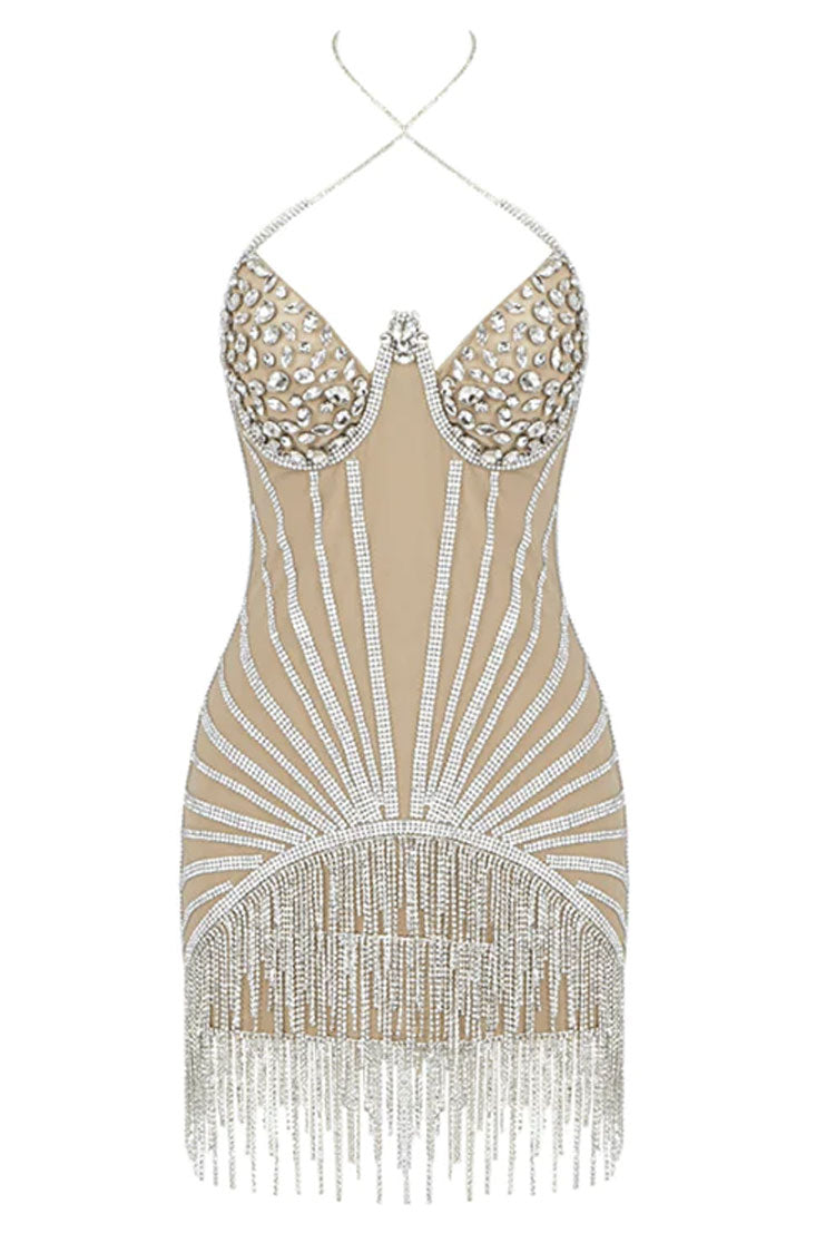 Sparkly Gatsby Rhinestone Fringe Trim Halter Mini Dress - Silver, L / Silver