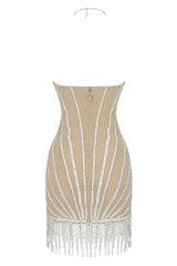Sparkly Gatsby Rhinestone Fringe Trim Halter Mini Dress - Silver