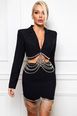 Lady Occasions Sparkly Rhinestone Rope Cutout Back Lapel Blazer Mini Dress - Black M / Black