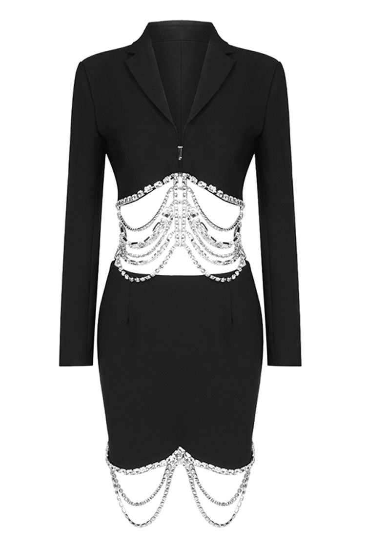 Sparkly Layered Rhinestone Crop Blazer Two Piece Mini Dress - Black