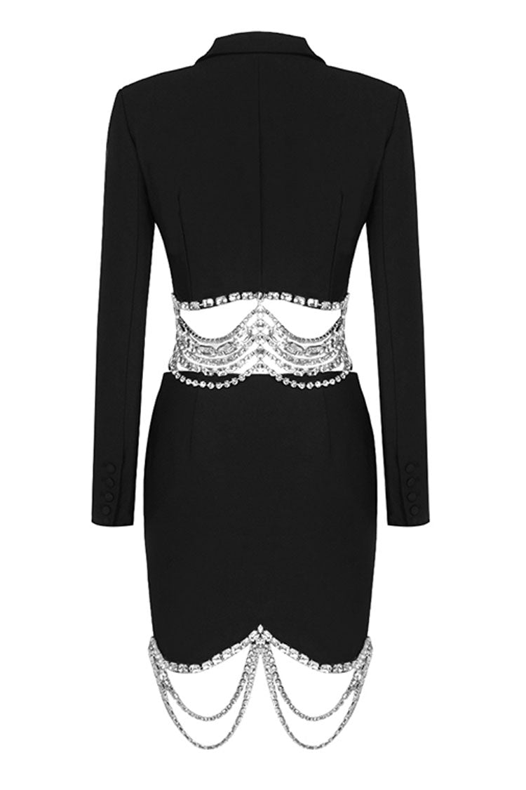 Lady Occasions Sparkly Rhinestone Rope Cutout Back Lapel Blazer Mini Dress - Black M / Black