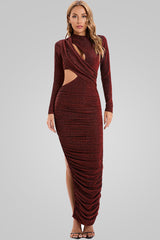 Sparkly Long Sleeve Ruched Cutout Split Formal Maxi Dress - Burgundy