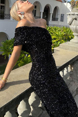 Sparkly One Shoulder Bodycon Velvet Sequin Midi Dress - Black