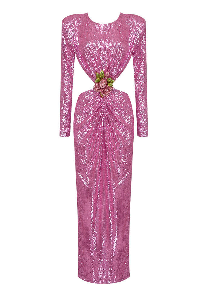 Sparkly Rhinestone Flower Puff Sleeve Cut Out Sequin Maxi Dress - Pink