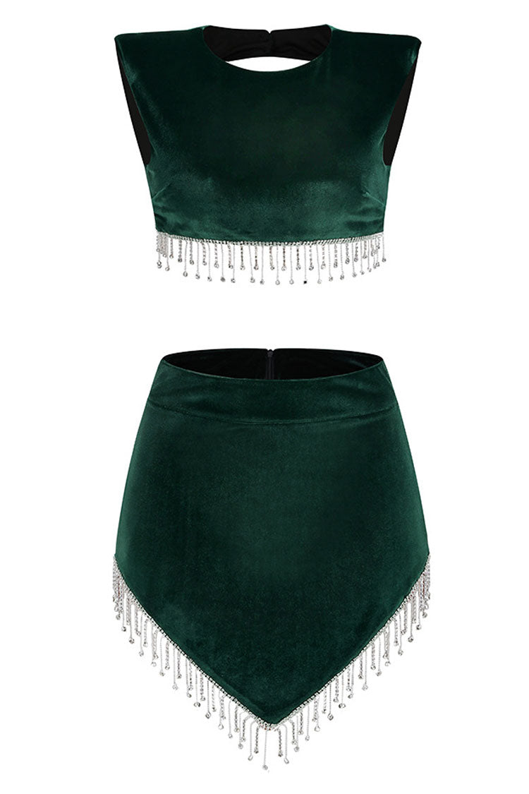 Sparkly Rhinestone Fringe Velvet Two Piece Mini Dress - Emerald Green