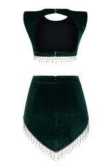 Sparkly Rhinestone Fringe Velvet Two Piece Mini Dress - Emerald Green