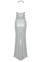 Sparkly Rhinestone Plunge Snake Halter Neck Sequin Maxi Dress - Silver