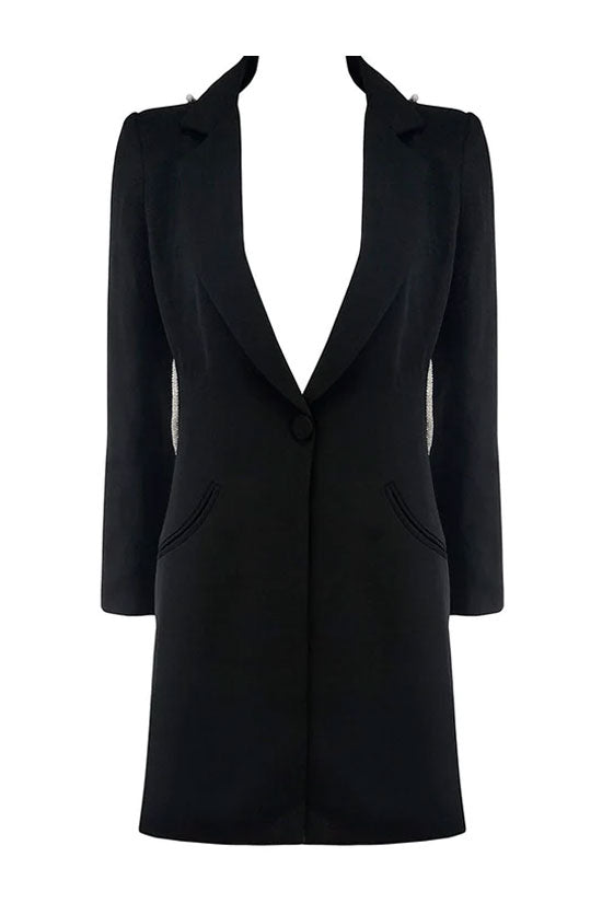 Sparkly Rhinestone Rope Cutout Back Lapel Blazer Mini Dress - Black