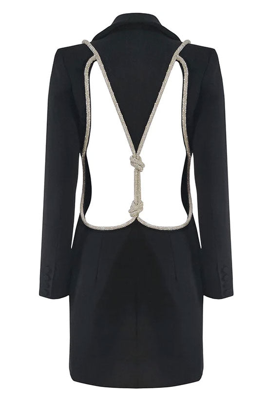 Sparkly Rhinestone Rope Cutout Back Lapel Blazer Mini Dress - Black