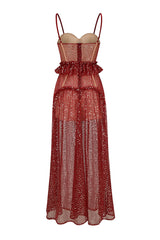 Sparkly Rhinestone Sweetheart Corset Tulle Sequin Maxi Dress - Red