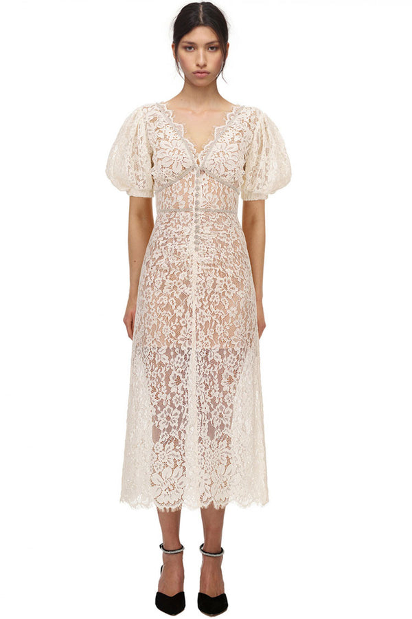 Sparkly Rhinestone V Neck Lace Cocktail Party Midi Dress - Cream