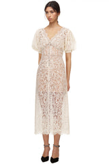 Sparkly Rhinestone V Neck Lace Cocktail Party Midi Dress - Cream