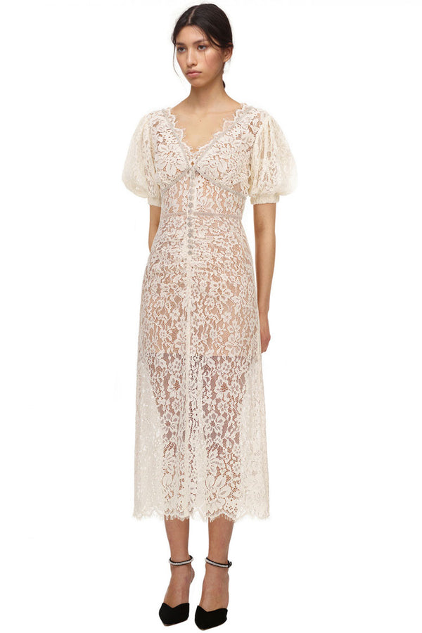 Sparkly Rhinestone V Neck Lace Cocktail Party Midi Dress - Cream