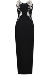 Sparkly Rosette Sweetheart Strapless High Split Formal Maxi Dress - Black