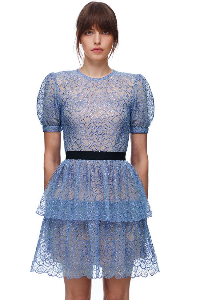 Sparkly Sequin Floral French Mesh Ruffle Tiered Mini Dress - Blue