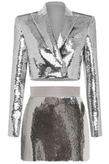 Sparkly Sequin Lapel Collar Cropped Blazer Two Piece Mini Dress - Silver