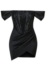 Sparkly Sequin Off Shoulder Satin Corset Club Mini Dress - Black