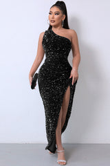 Sparkly Sequin One Shoulder High Split Evening Maxi Dress - Black