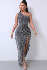 Sparkly Sequin One Shoulder High Split Evening Maxi Dress - Gray