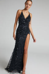 Sparkly Sequin Plunging High Split Backless Evening Maxi Dress - Black