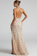 Sparkly Sequin Plunging High Split Backless Evening Maxi Dress - Champagne