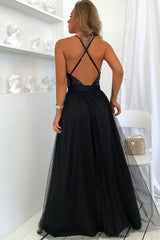 Sparkly Sequined Deep V High Split Backless Evening Maxi Dress - Black
