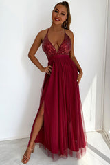 Sparkly Sequined Deep V High Split Backless Evening Maxi Dress - Burgundy