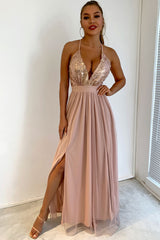 Sparkly Sequined Deep V High Split Backless Evening Maxi Dress - Champange