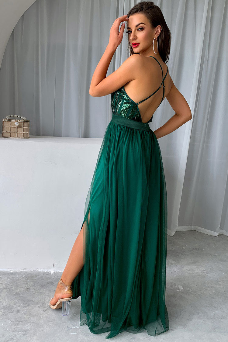 Sparkly Sequined Deep V High Split Backless Evening Maxi Dress - Green