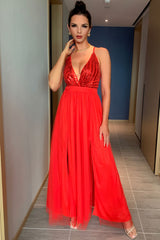 Sparkly Sequined Deep V High Split Backless Evening Maxi Dress - Red