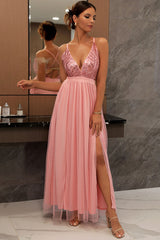 Sparkly Sequined Deep V High Split Backless Evening Maxi Dress - Pink