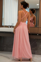 Sparkly Sequined Deep V High Split Backless Evening Maxi Dress - Pink