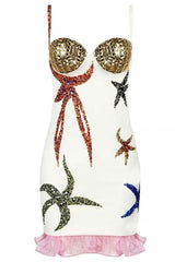 Sparkly Starfish Sequin Bandage Cocktail Party Mini Dress - White