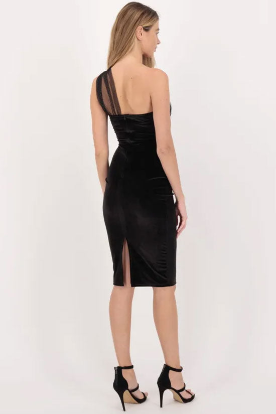 Sparkly Tulle One Shoulder Velvet Cocktail Party Midi Dress - Black