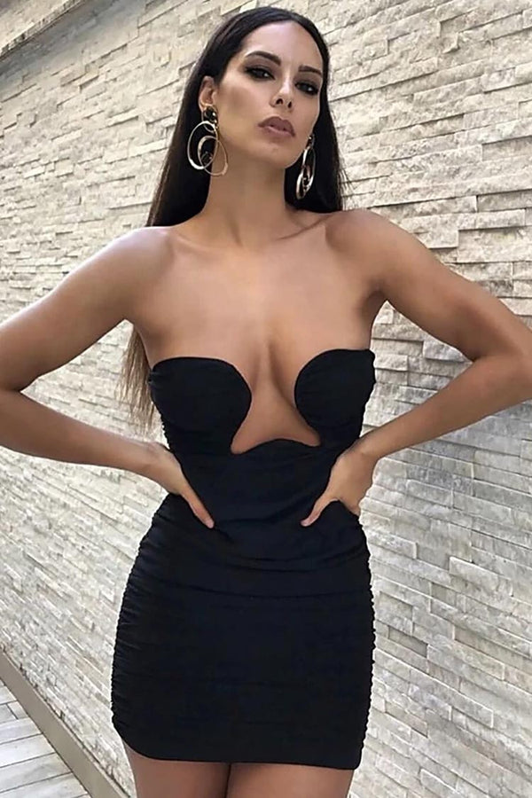 Strapless Deep V Underwire Ruched Bodycon Mini Party Dress - Black