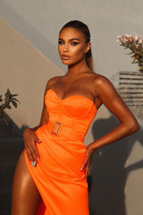 Stunning Belted Bustier High Slit Satin Formal Maxi Dress - Burnt Orange