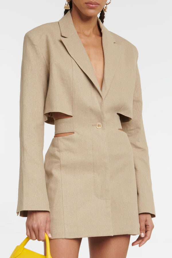 Stylish Long Sleeve Single Breasted Cutout Blazer Mini Dress - Apricot
